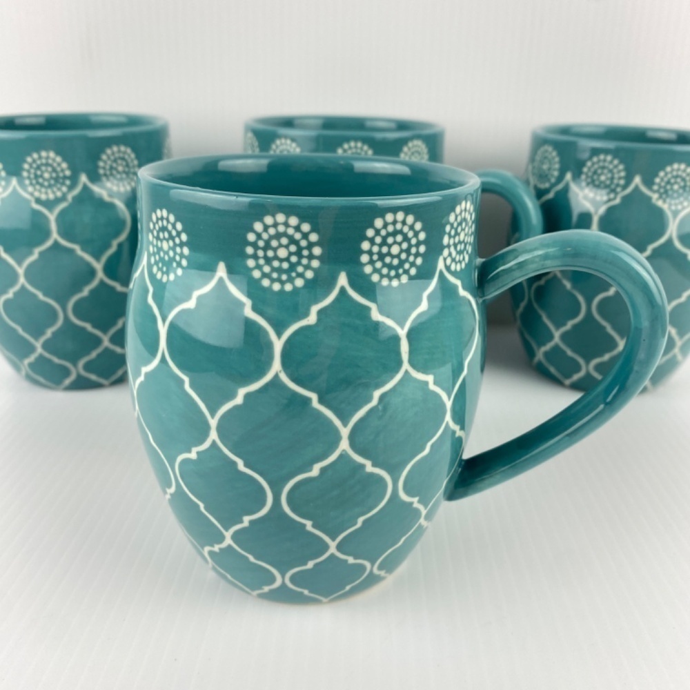 Baum Moroccan Large Turquoise Mugs Set of 4 Ceramic Coffee / Tea Cups 19 Oz